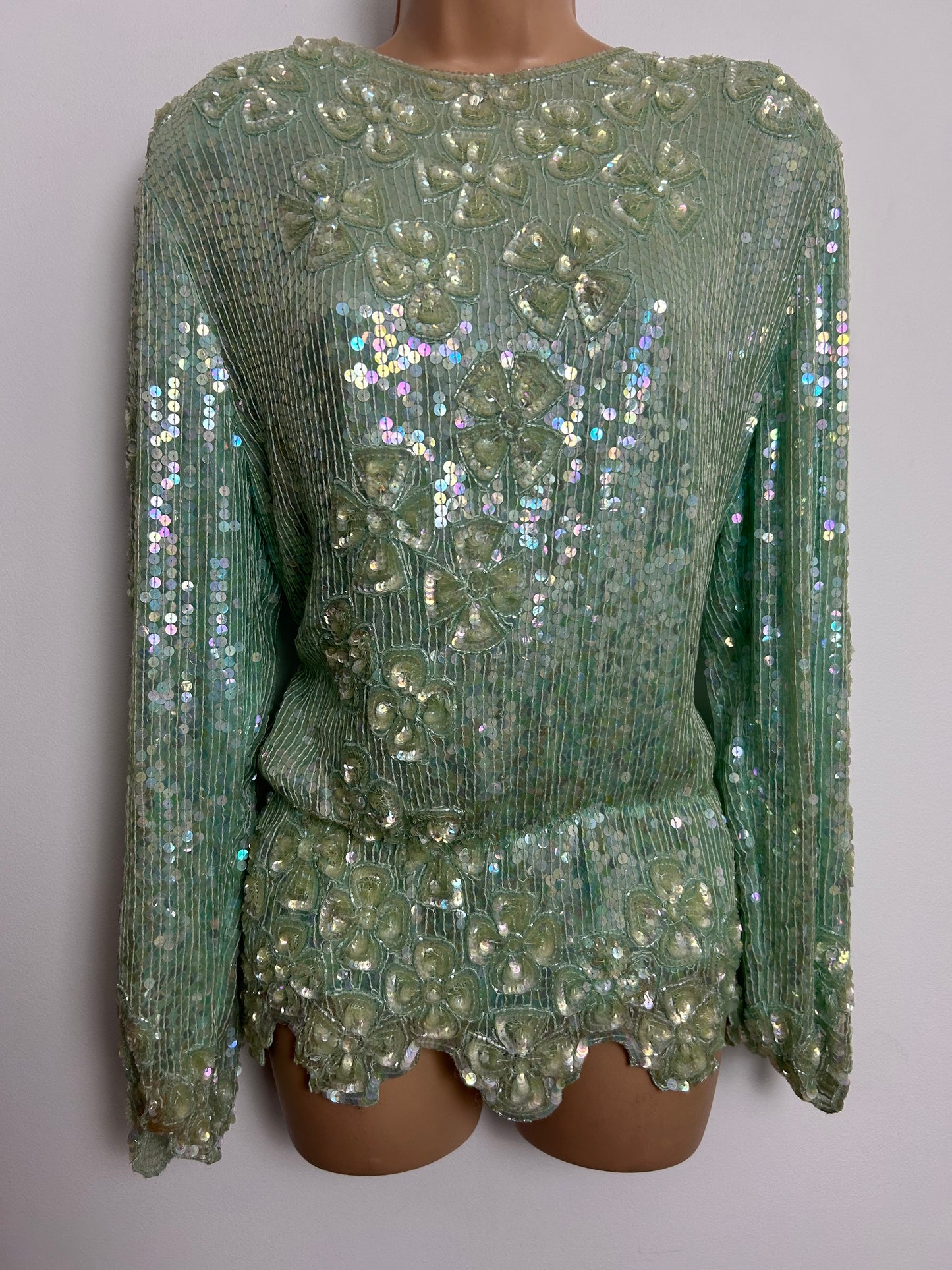 Vintage 1980s Size 12 Palest Green Iridescent Sequin Covered Long Sleeve Scallop Waist Evevning Top