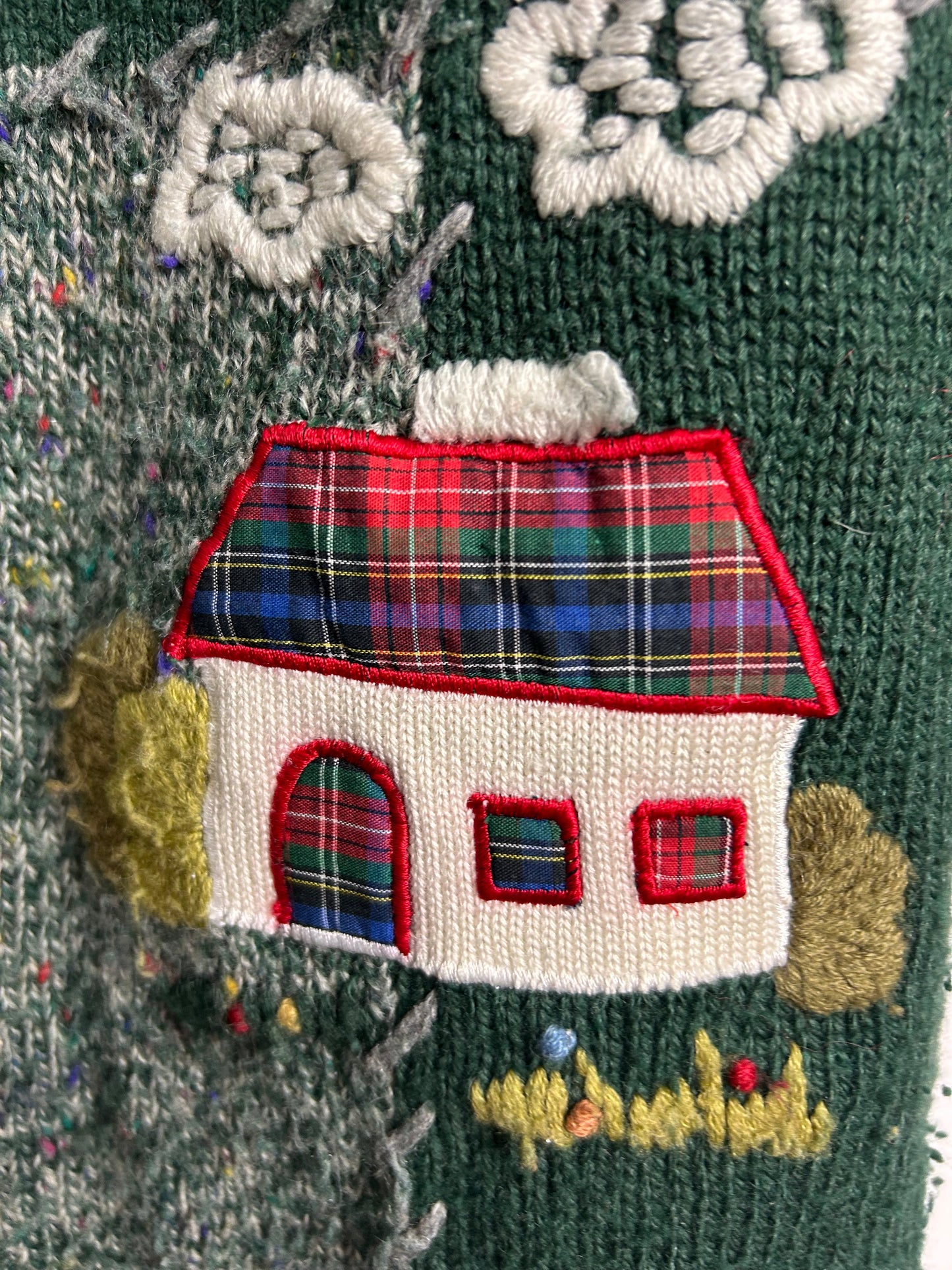 Vintage 1980s JOY Size 14/16 Slouchy Green Sheep Flowers & Cottage Applique Wool Mix Jumper