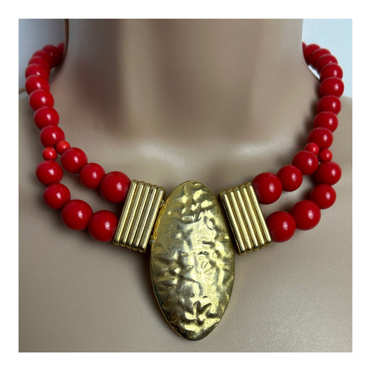Vintage Red & Gold Plastic Bead Choker Style Necklace