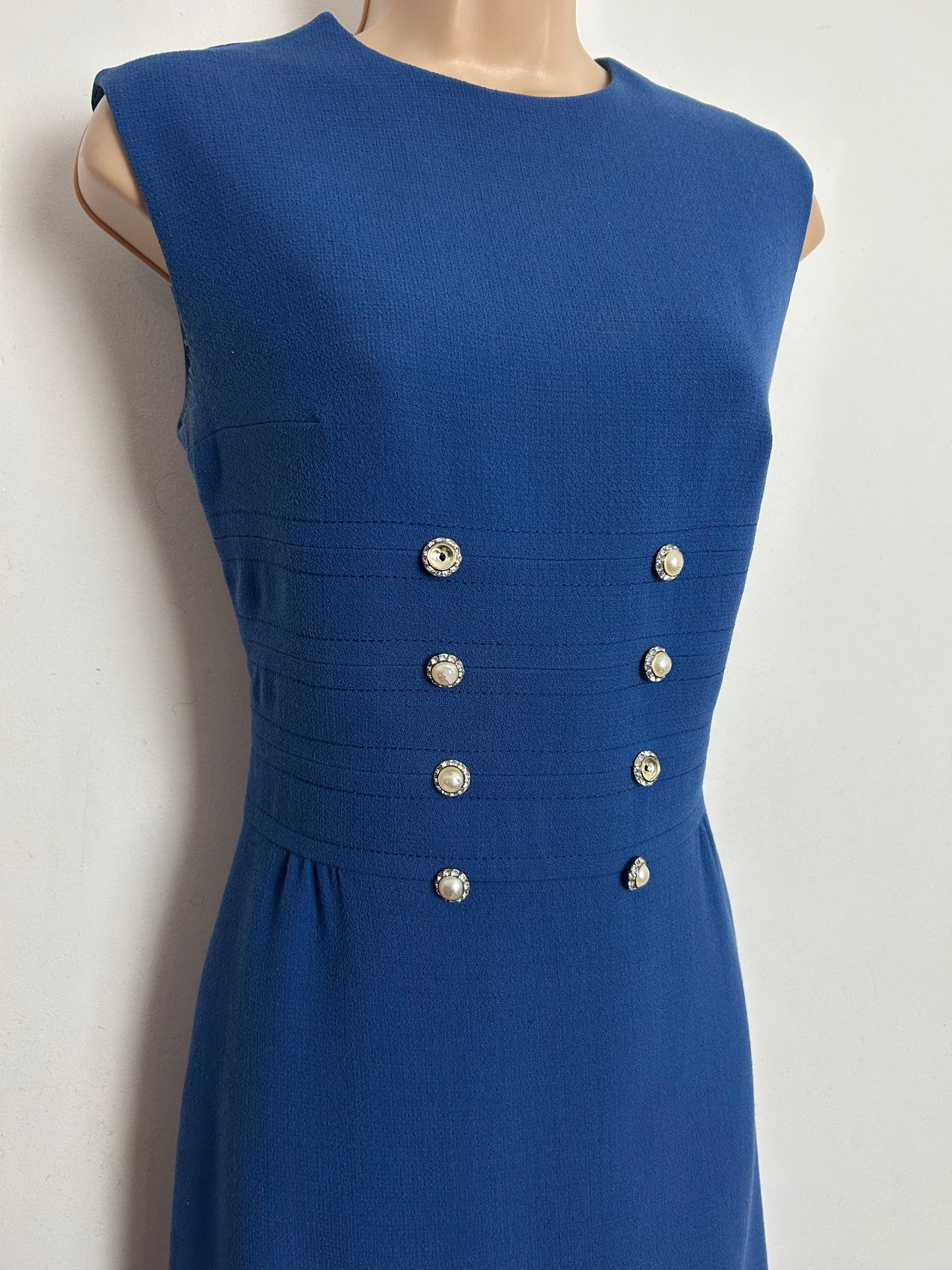 Vintage 1960s HEROS MODELL Size 8-10 Dusky Blue Pearl & Diamante Button Detail Mod Dress