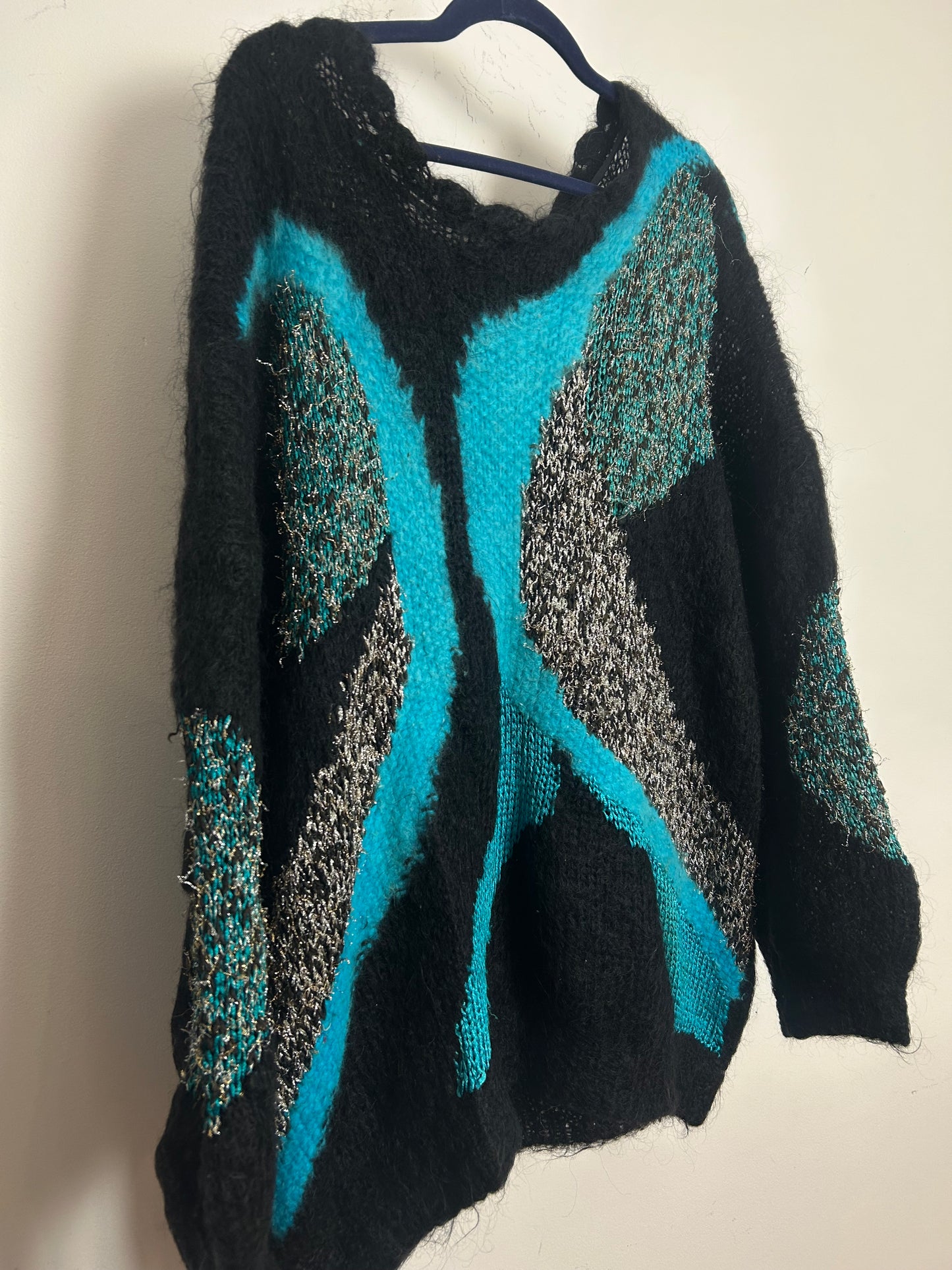 Vintage 1980s One Size Up To Size 18 Black Turquoise & Silver Mohair Mix Slouchy Jumper