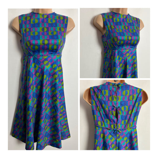Vintage 1960s UK Size 6-8 Blue Pink Green & Turquoise Square & Circle Print Empire Line Short Mod Shift Dress