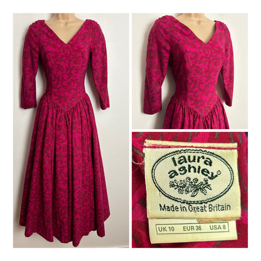 Vintage 1980s LAURA ASHLEY UK Size 6 (Labelled as a UK Size 10) Dark Pink Glitter Floral Pleated Ballgown Party Dress