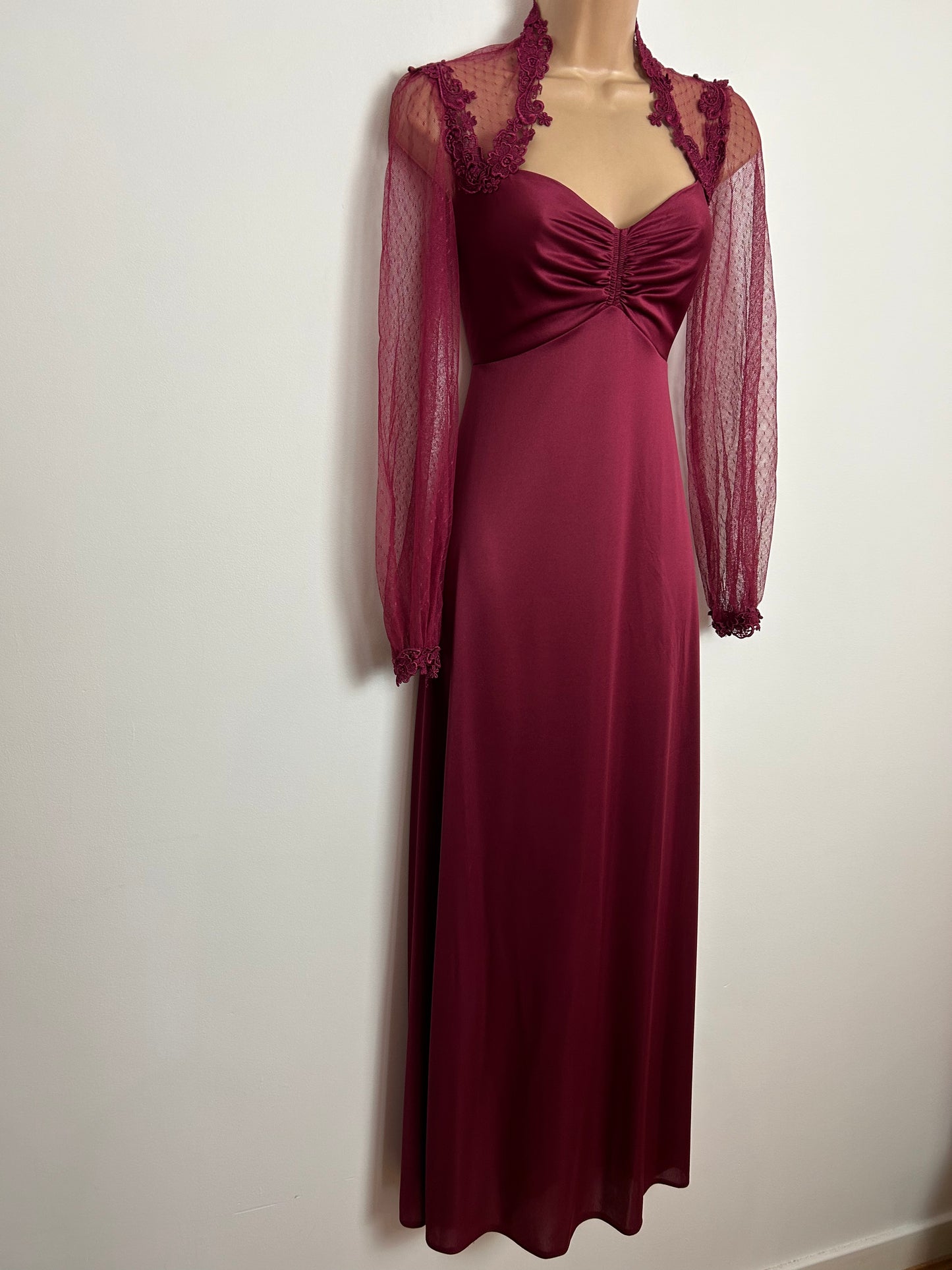 Vintage 1970s UK Size 6 Maroon Lace Detail Sweetheart Neckline Long Sleeve Occasion Evening Maxi Dress