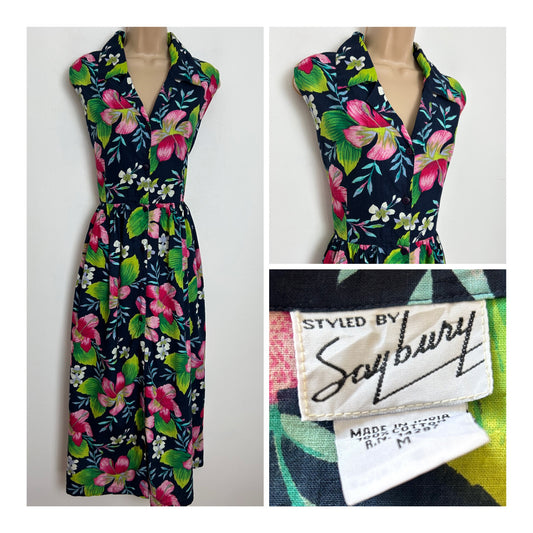 Vintage 1980s STYLED BY SAYBURY Size 12 Navy Blue & Pink Floral Hibiscus Print Cotton Summer Midi Dress