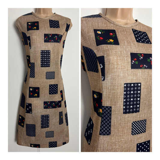 Vintage Early 1970s UK Size 12 Beige & Navy Blue Patchwork Floral Print Mod Shift Dress