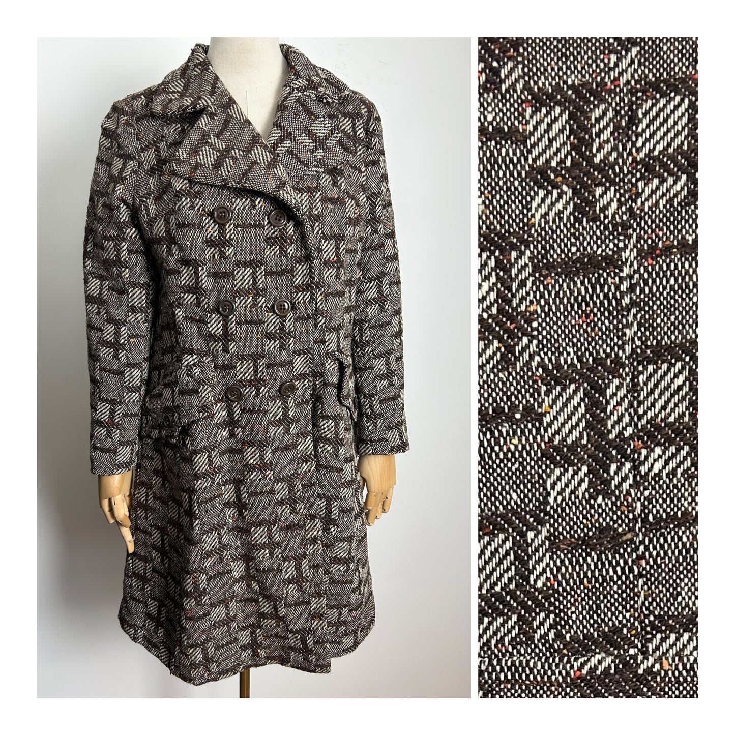 Vintage Early 1970s PEGGY LANE Size 12 Brown Tweed 70% Wool Double Breasted Winter Coat (Small Issue)