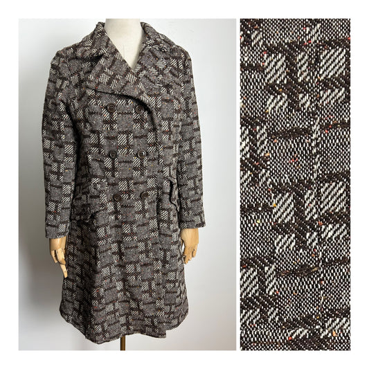 Vintage Early 1970s PEGGY LANE Size 12 Brown Tweed 70% Wool Double Breasted Winter Coat (Small Issue)