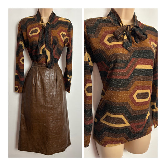 Vintage 1970s UK Size 12-14 Brown & Bronze Tones Geo Print Lurex Tie Neck Long Sleeve Blouse