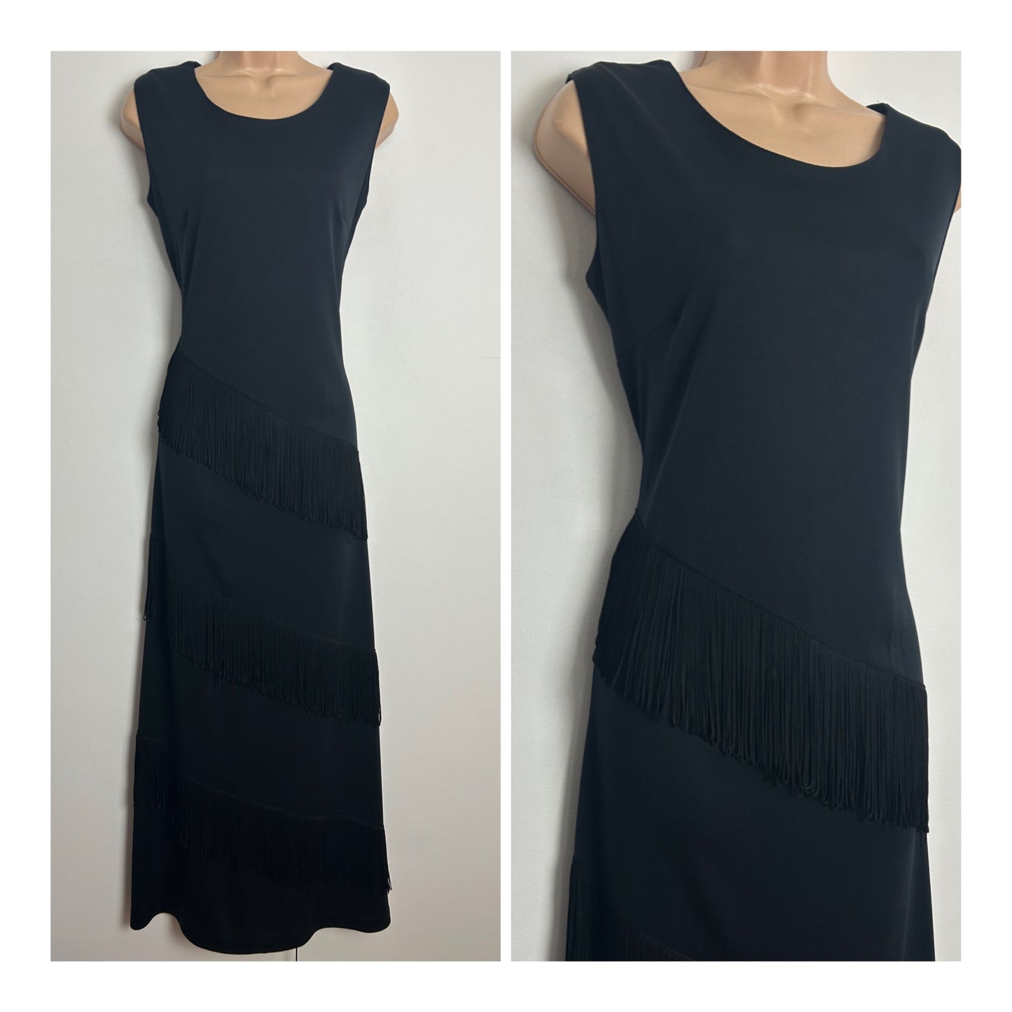 Vintage 1970s Size 12 Black Sleeveless Fringe Tassel Detail Evening Occasion Maxi Dress