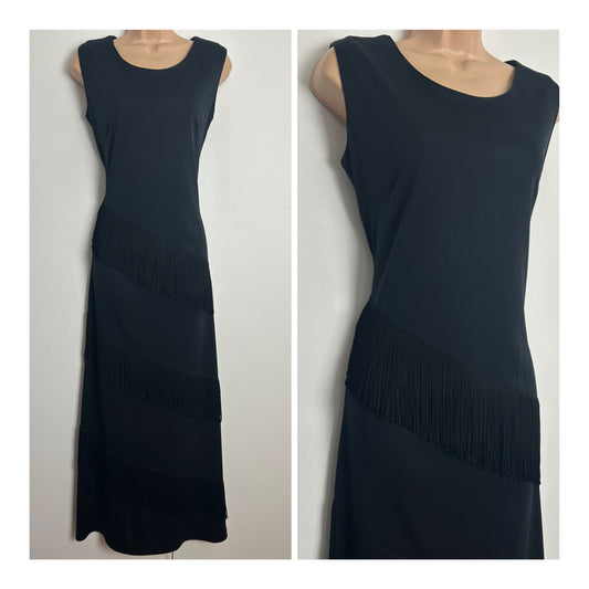 Vintage 1970s Size 12 Black Sleeveless Fringe Tassel Detail Evening Occasion Maxi Dress