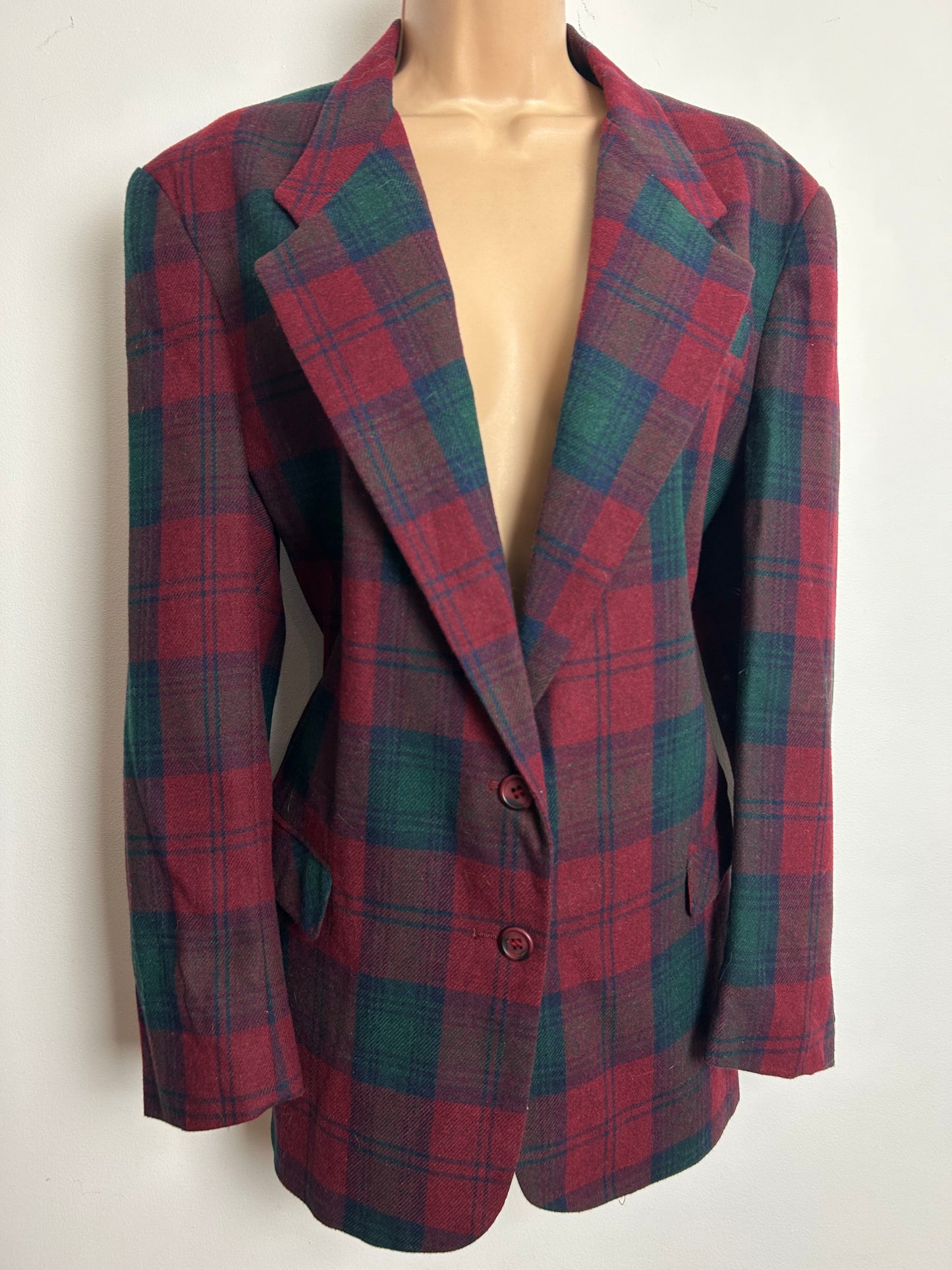 Vintage 1980s Size 14-16 Dark Red & Green Tartan Check Wool Mix Blazer