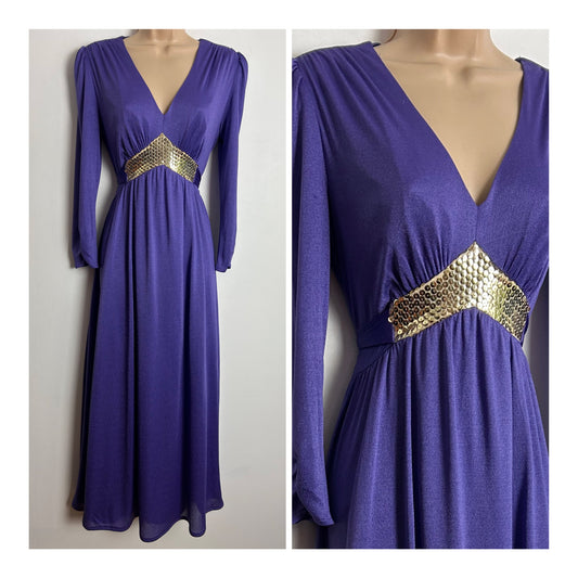 Vintage 1970s UK Size 8-10 Purple & Gold Sequin Trim Long Sleeve Tie Back Evening Maxi Dress