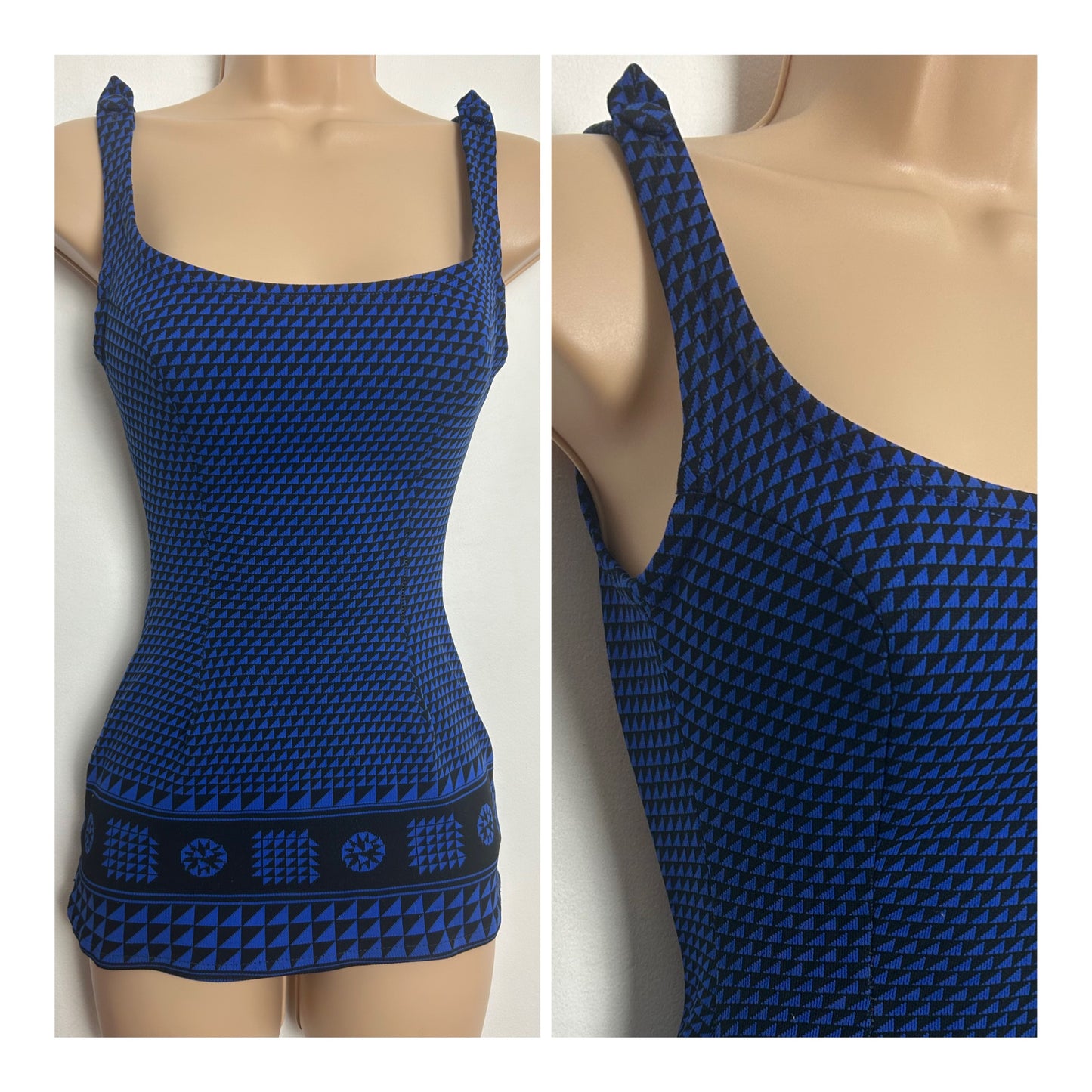 Vintage Late 1960s TROPIC Size 10-12 Dark Blue & Navy Geo Print Padded Skirted Swimsuit