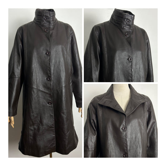 Vintage Late 1980s JULIA ROMA Size 12 Brown Leather Oversized Mid Length Coat
