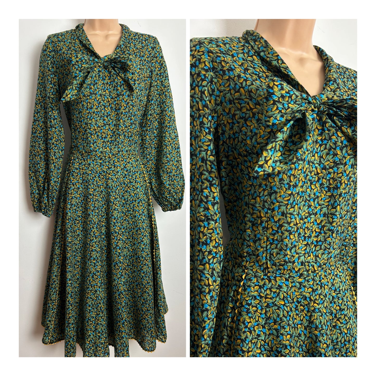 Vintage 1970s Size 10 Black Green & Yellow Leaf Print Pussy Bow Cotton Day Dress