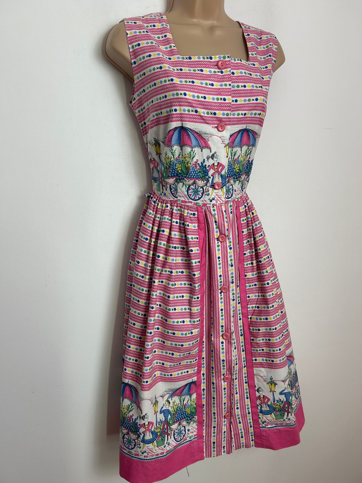 Vintage Late 1950s Early 1960s Size 8 Pink White & Blue Spot Stripe & Flower Stall Novelty Print Cotton Summer Day Dress