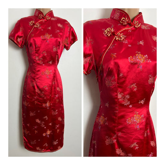 Vintage 1990s UK Size 8-10 Red Floral Chinese Silk Feel Cheongsam Dress