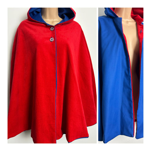 Vintage 1960s One Size Red Needlecord Corduroy Reversible Hooded Cape