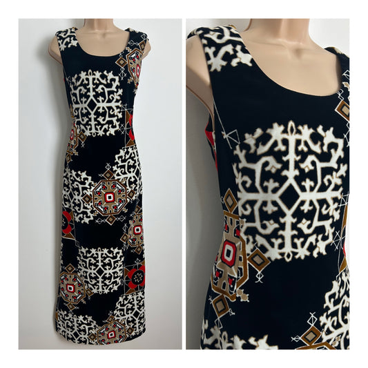 Vintage 1970s Size 10 Black White Beige & Red Abstract Print Velvet Column Maxi Dress