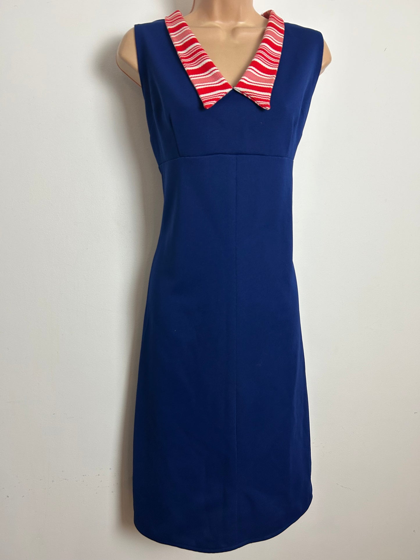 Vintage 1970s Size 12 Navy Blue Red & White Stripe Collar Sleeveless Mod Shift Dress