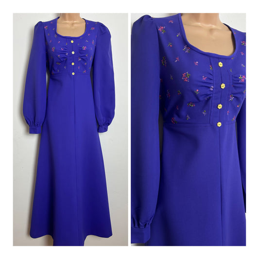 Vintage 1970s Size 10 Purple Floral Embroidered Detail Long Sleeve Tie Back Maxi Dress