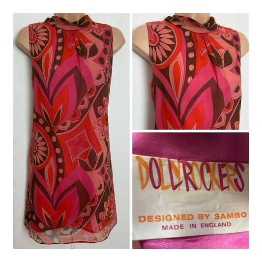 Vintage 1960s DOLLYROCKERS Size 8 Red Pink & Brown Psychedelic Abstract Print Mini Shift Dress