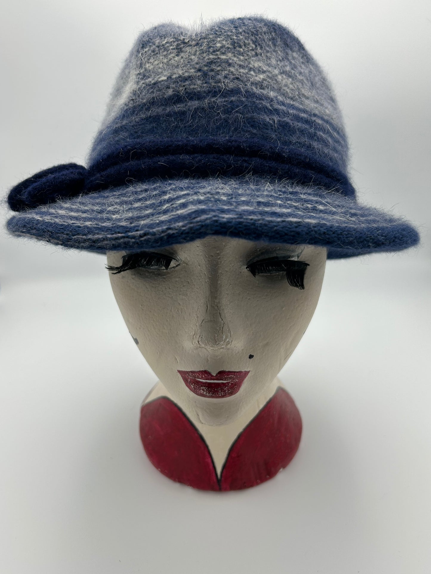 Vintage C&A Blue & White Stripe Angora  & Wool Mix Bow Detail Trilby Style Hat