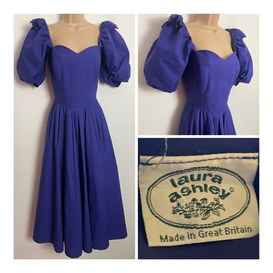 Vintage 80s LAURA ASHLEY UK 4-6 (Size 10 On Label) Royal Blue Short Puffed Sleeve Bow Detail Pleated Midi Dress