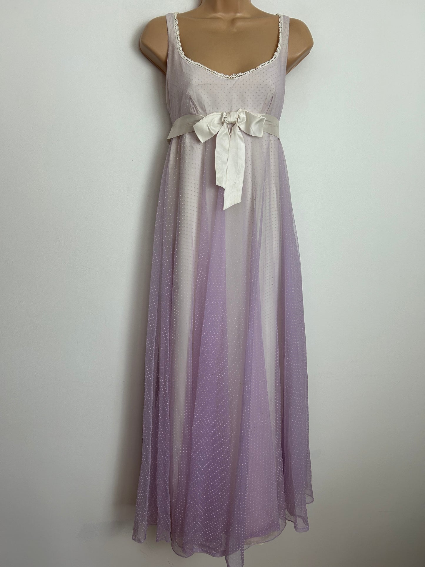 Vintage 1960s JEAN VARON Pale Lilac & Cream Swiss Dot Ribbon & Bow Detail Empire Line Maxi Dress