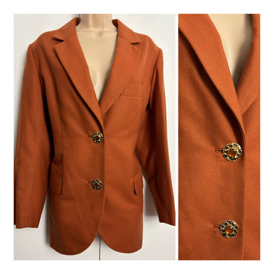 Vintage 1990s YK2 UK Size 10-12 Rusty Orange Wool Mix Blazer Jacket With Fancy Jewel Buttons