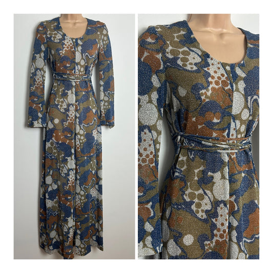 Vintage 1970s SKIVA Size 8 Blue & Brown Tones Abstract Print Lightweight Lurex Criss Cross Tie Fastening Maxi Dress