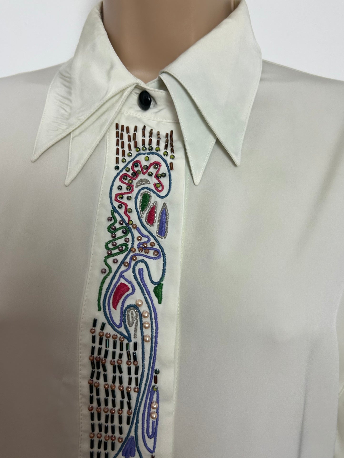 Vintage 1980s Size 12 Off White Double Collared Bead & Embroidered Placket Detail Shirt/Blouse
