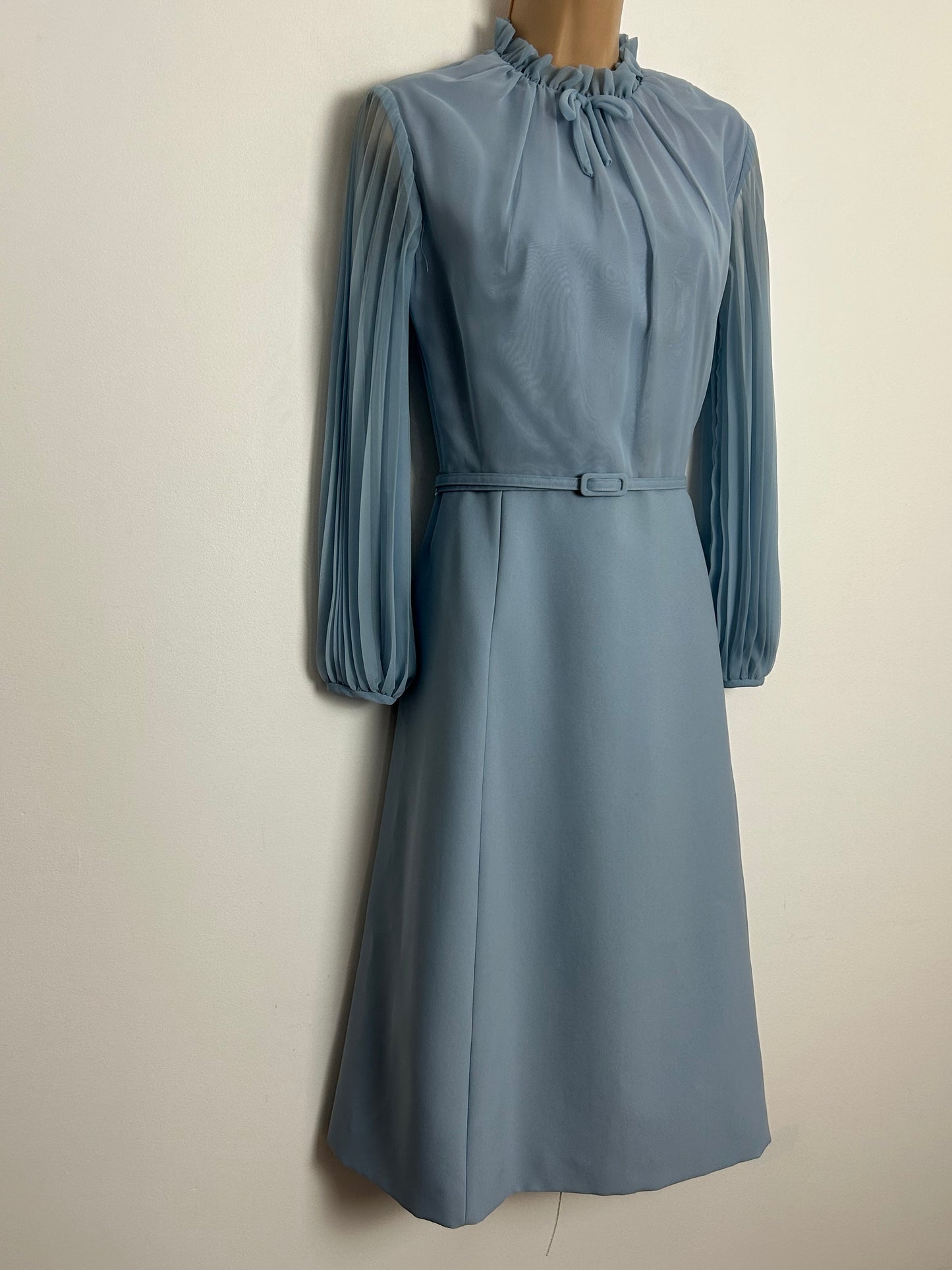 Vintage 1960s PEGGY FRENCH COUTURE UK Size 10 Powder Blue Long Pleated Sleeve Belted Dress With Matching Sleeveless Jacket