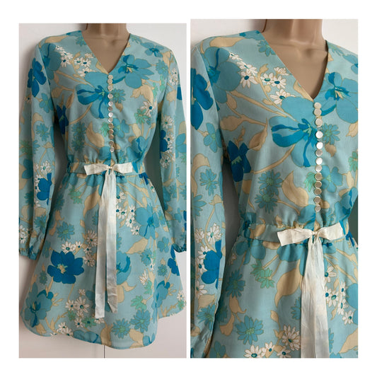 Vintage 1960s UK Size 8 Blue Tone Floral Print Long Sleeve Bow Detail Mini Mod Fit & Flare Dress