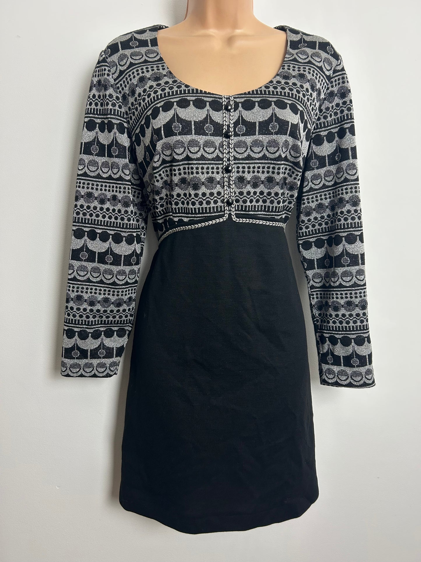 Vintage 1960s CLIFTON Size 14 Black & Metallic Silver Lurex Evening Mod Dress