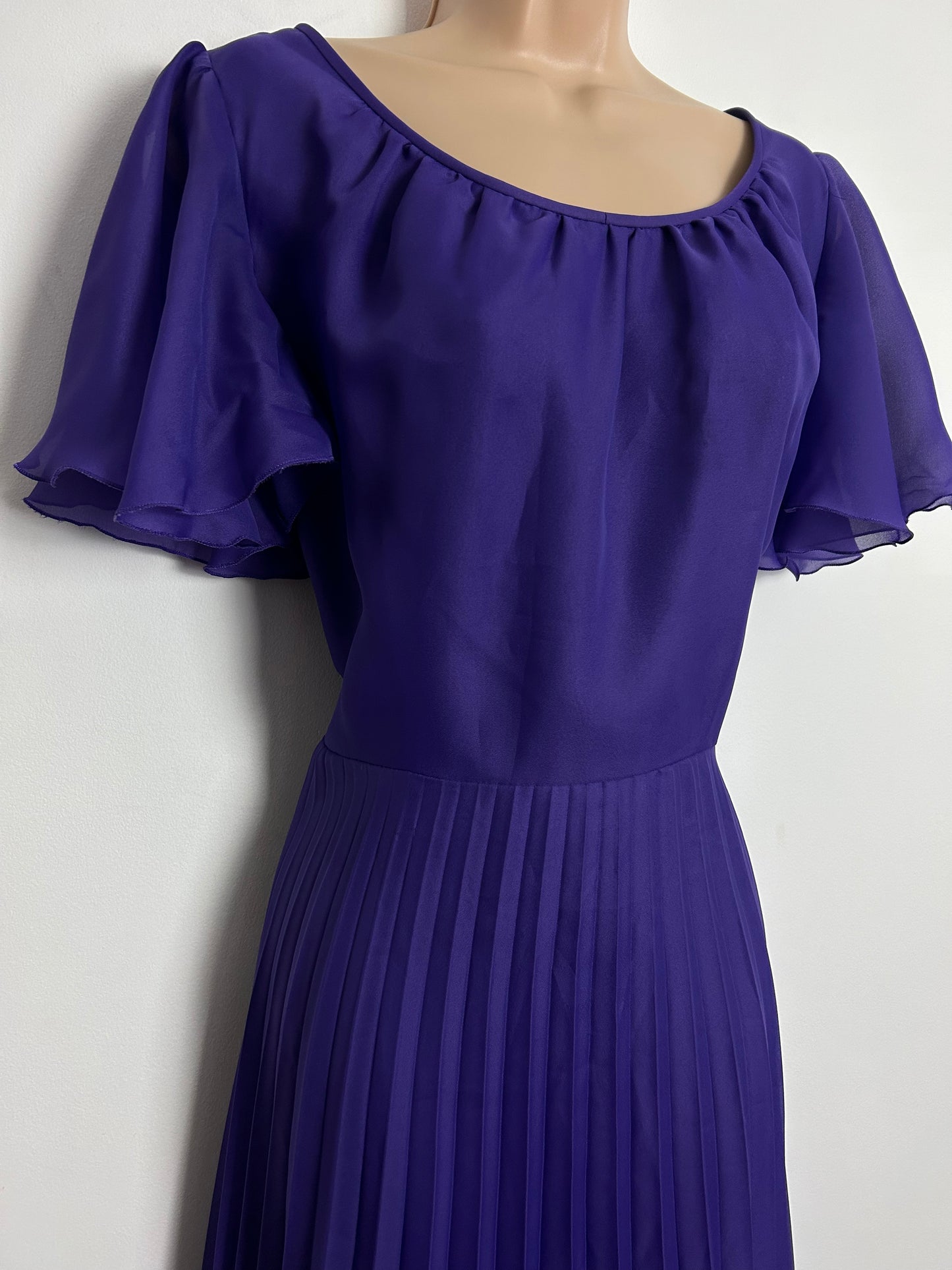 Vintage 1970s UK Size 8-10 Purple Chiffon Short Flared Sleeve Pleated Boho Maxi Dress