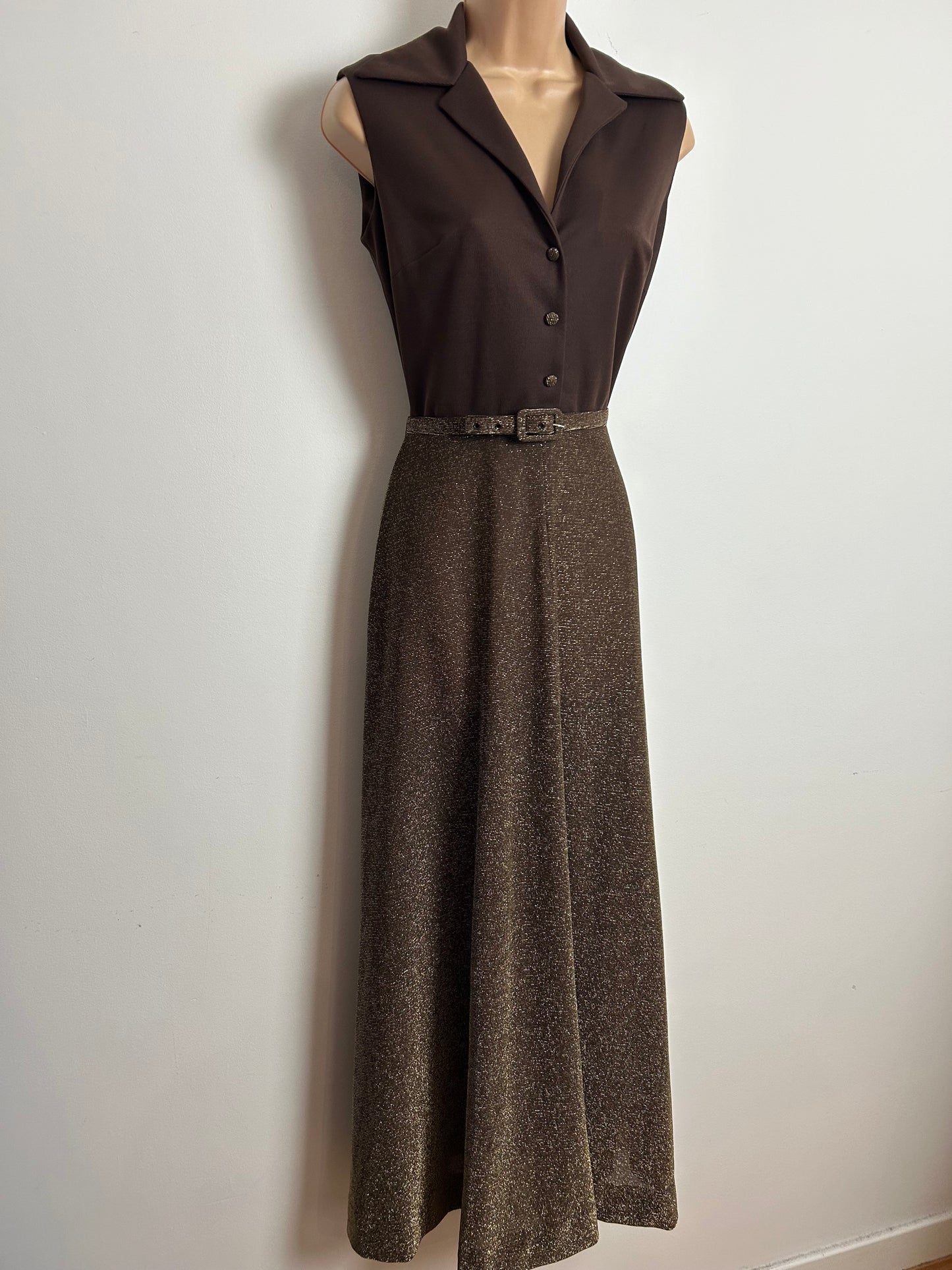 Vintage 1970s KITTY COPELAND Size 8 Brown Lurex Sleeveless Belted Occasion Maxi Dress