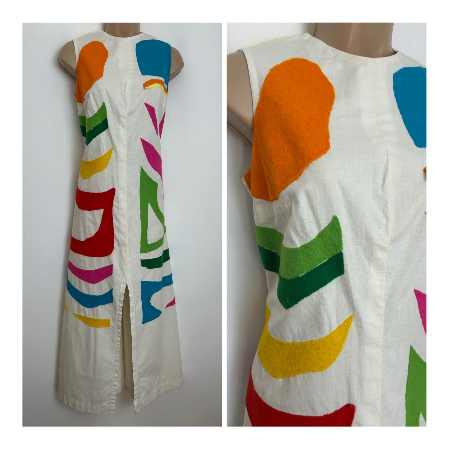 Vintage 1970s Size 10 Natural Cotton Multicolour Felt Applique Sleeveless Summer Kaftan Style Midaxi  Dress