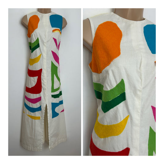 Vintage 1970s Size 10 Natural Cotton Multicolour Felt Applique Sleeveless Summer Kaftan Style Midaxi  Dress