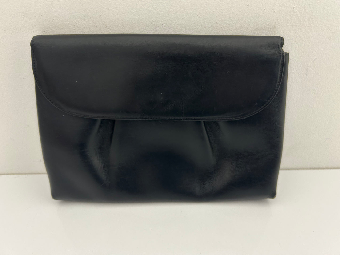 Vintage Late 1950s Black Leather Clutch Bag With Finger/Hand Strap