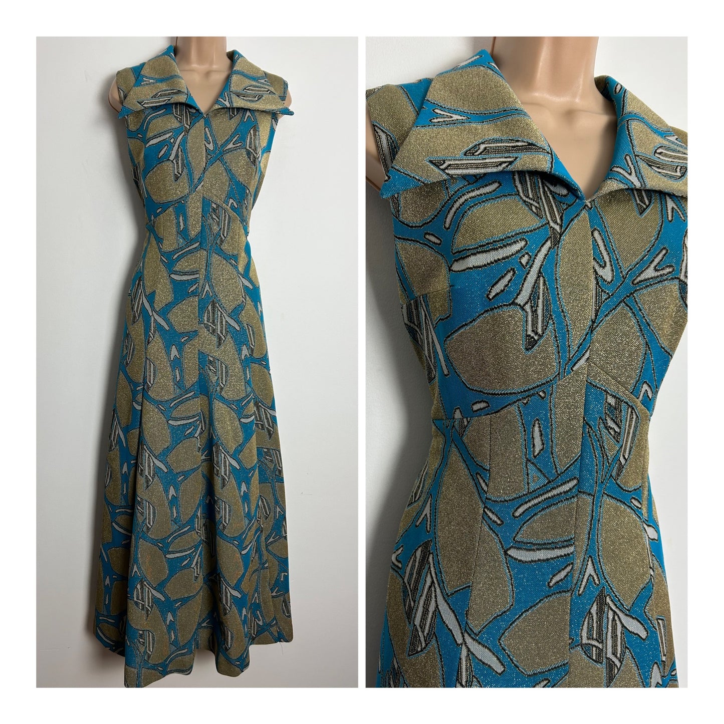 Vintage 1970s CANDA UK Size 12 Turquoise & Gold Abstract Print Lurex Occasion Evening Maxi Dress