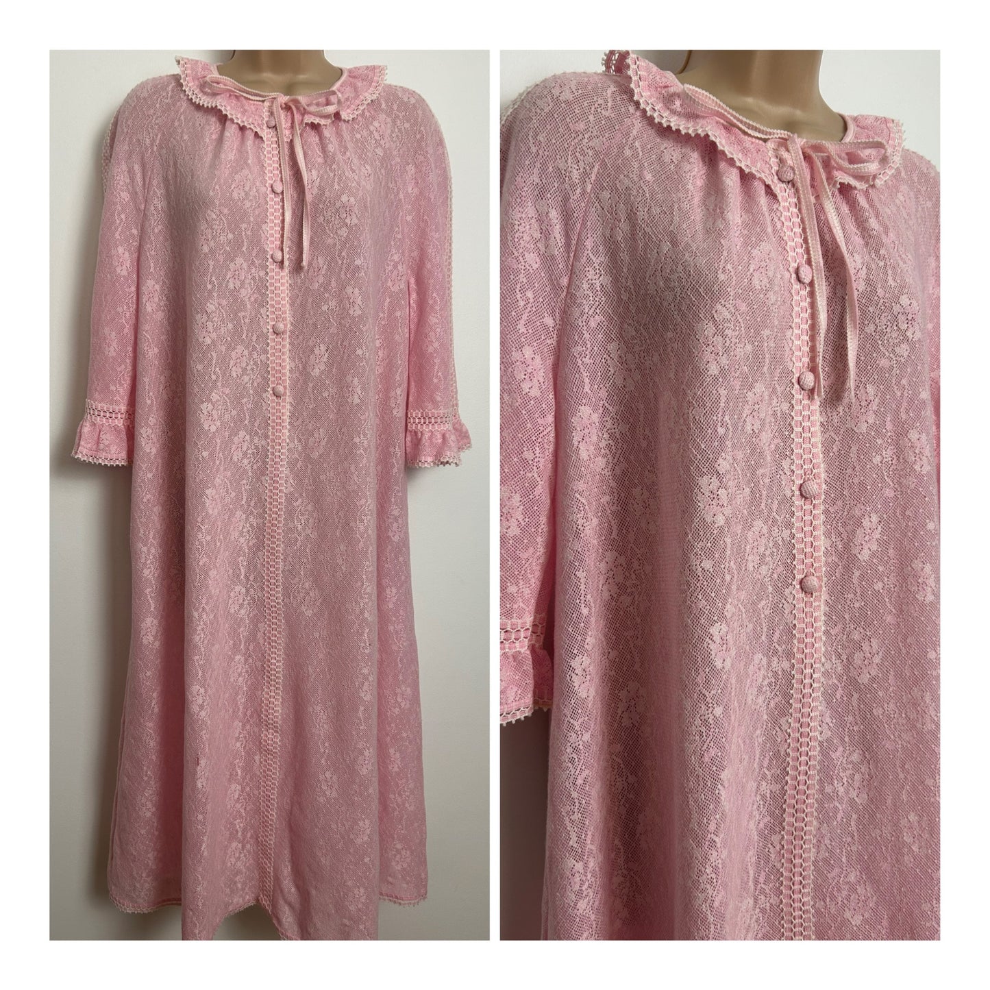 Vintage HANRO Size 16 Pink Lace Trim Midi Length House Nightie/Nightdress