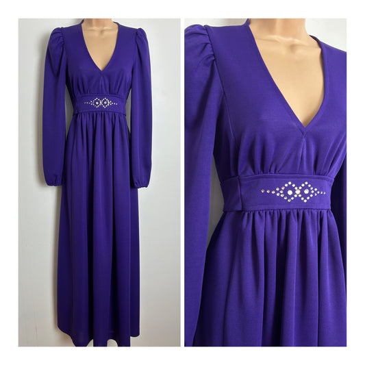 Vintage 1970s RICHARD SHOPS Size 8 Purple Diamante Detail Long Sleeve Tie Back Evening Maxi Dress