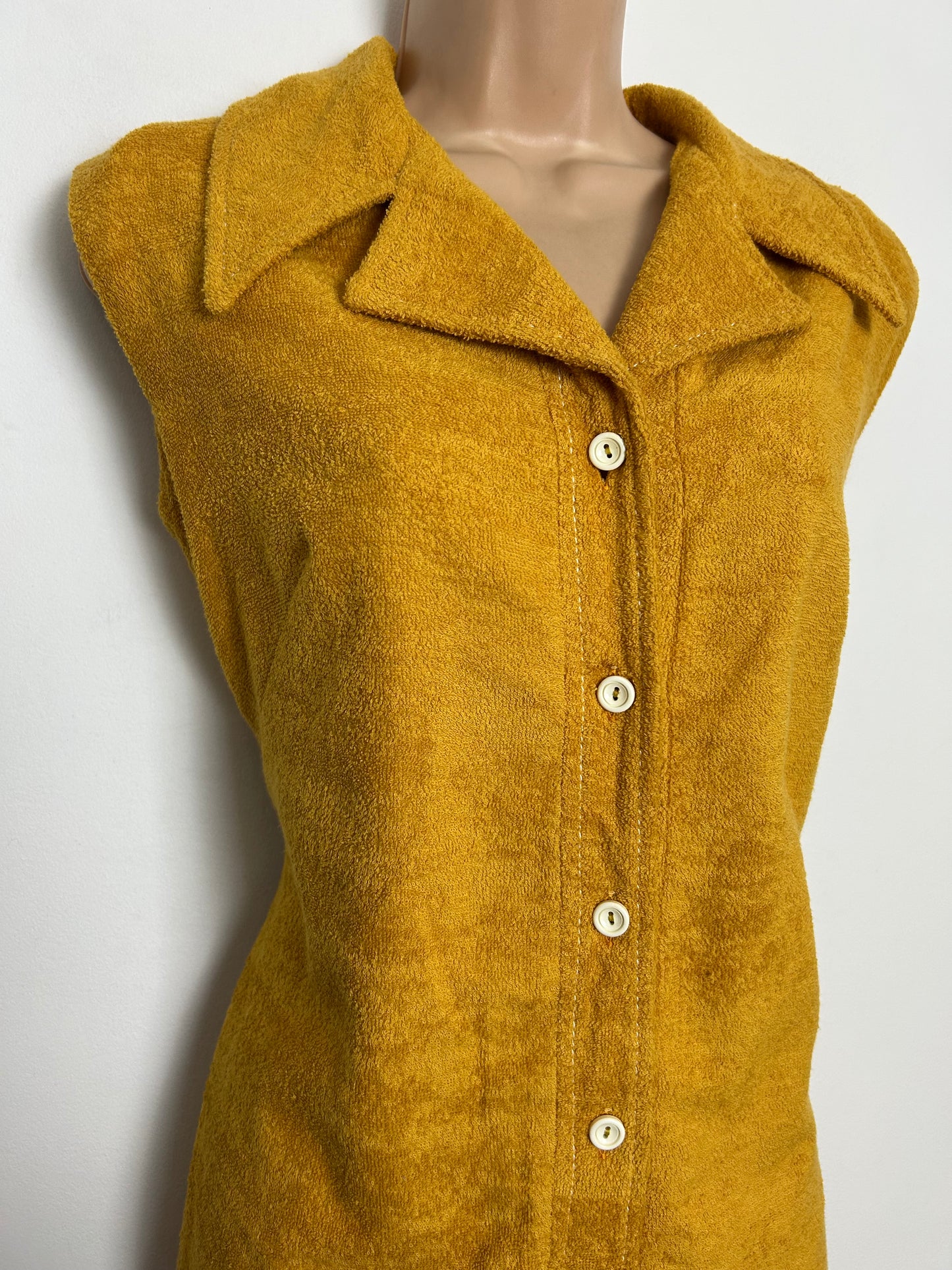 Vintage 1970s FRANKENWALDER Size 14 Mustard Yellow Embroidered Detail Towelling Shift Dress