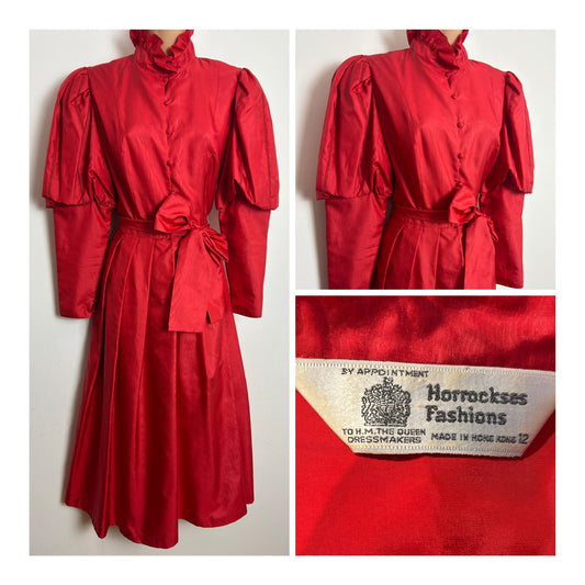 Vintage Late 70s Early 80s HORROCKSES FASHIONS Size 8-10 Red Leg Of Mutton Sleeve Belted Pleated Victoriana Midi Dress