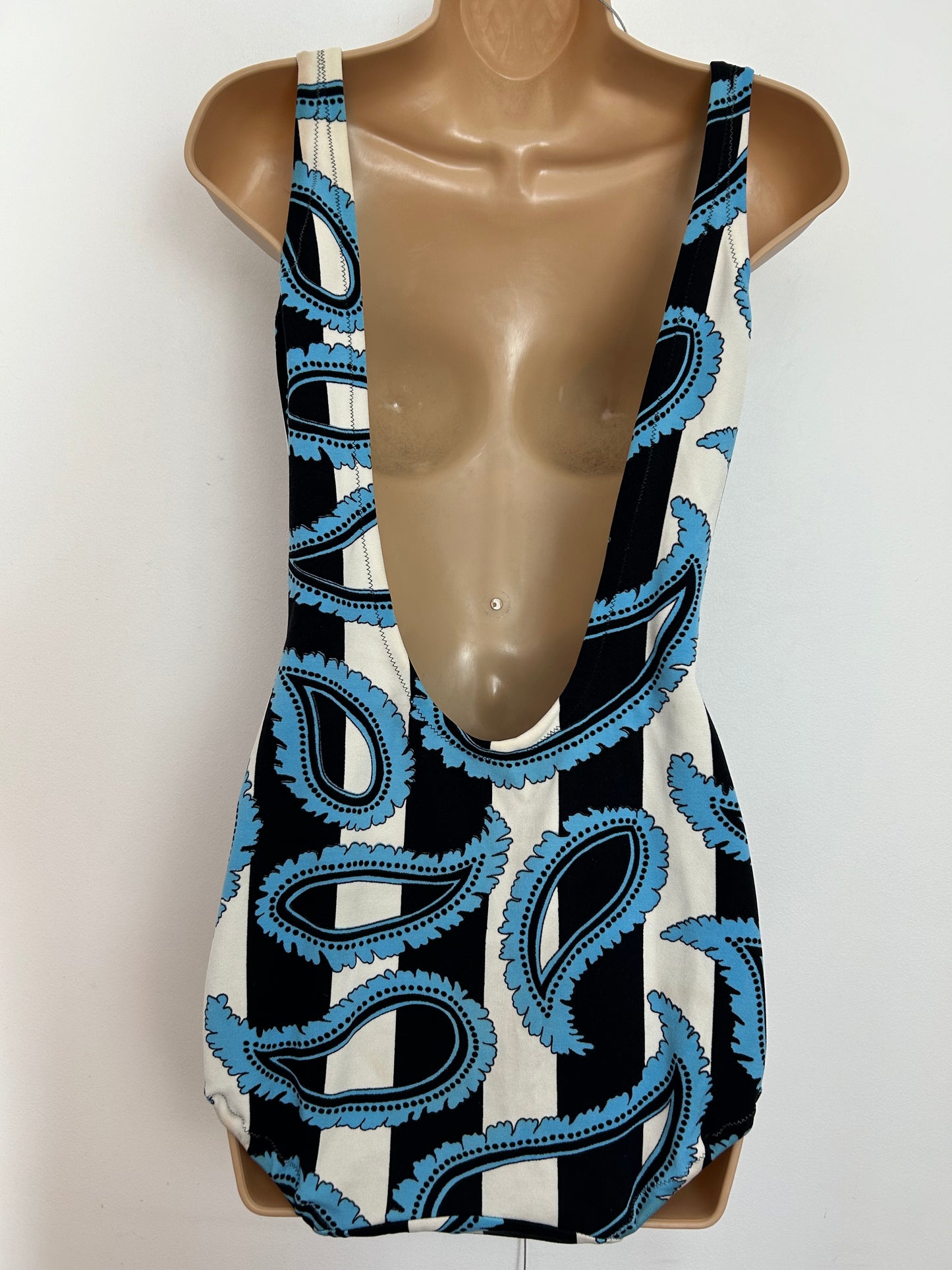 Vintage 1960s FRIOLA UK Approx Size 16 White Black & Blue Stripe & Paisley Print Swimming Costume Bathing Suit