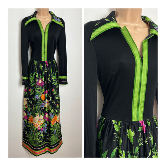 Vintage 1970s EIN FINK Size 12 Black Pink Orange & Green Floral & Stripe Print Dagger Collar Long Sleeve Maxi Dress