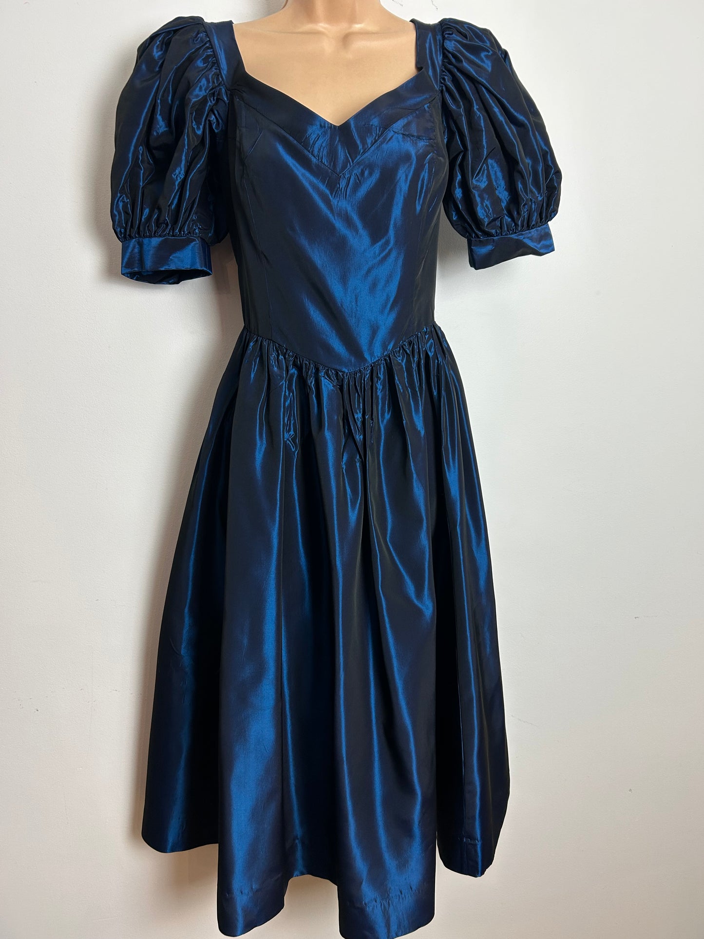 Vintage 1980s LAURA ASHLEY Size 10 (14 On Label) Midnight Blue Taffeta Xmas Party Ballgown