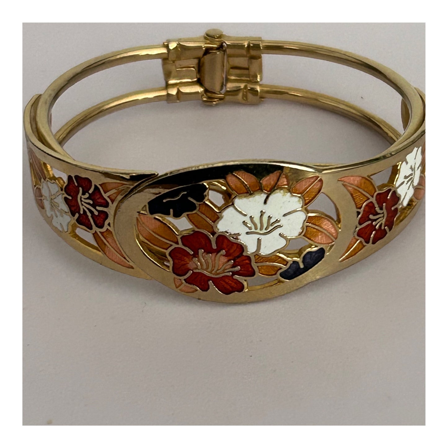 Vintage Gold Tone & Cloisonne Enamel Flower Pattern Cut Out Detail Hinged Cuff Bangle Bracelet